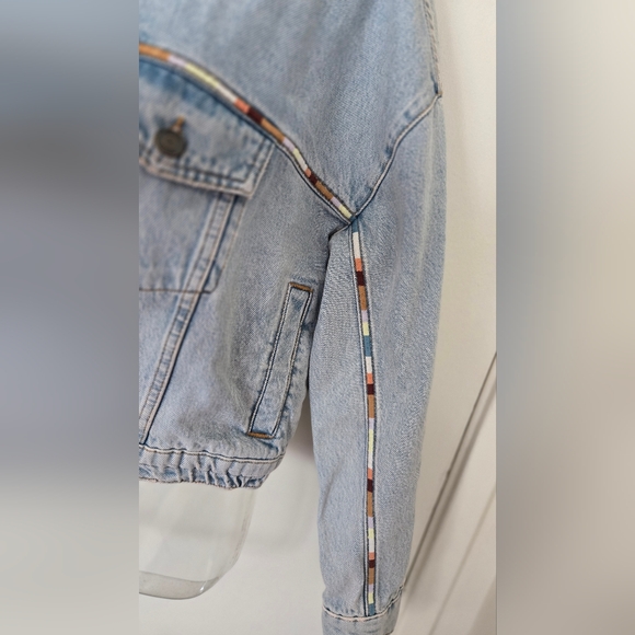 ba&sh Light Wash Denim Jacket with Multicolor Stitched Trim NWT - Picture 3 of 8